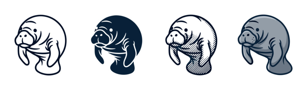 Set of four cute manatee illustrations showing different artistic styles including simple line art, a solid silhouette, a hatched sketch, and a full color cartoon version