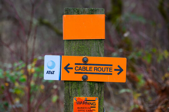 Carnation, WA, USA - December 19, 2025; Rural signage for ATT cable route for buried fiber optic line