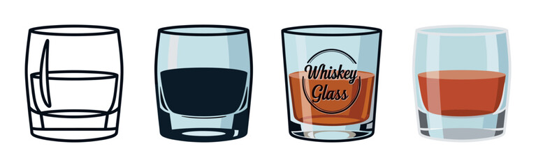 Set of four whiskey glass illustrations in different graphic styles, including a simple line art outline, a solid silhouette, and a full color vector design