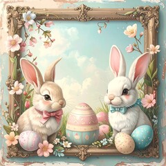 Easter Bunny Rabbits with Eggs and Flowers.