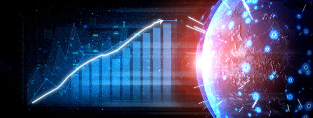 This image showcases a vibrant blend of data analytics and global connectivity, featuring a rising graph against a cosmic background, symbolizing technological advancement and innovation. Impute