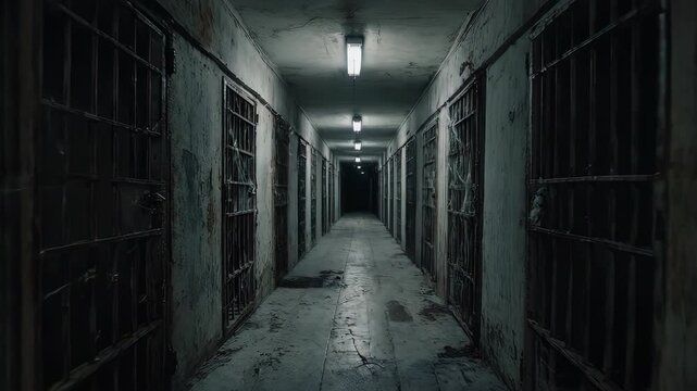 Dark, grimy prison hallway with barred cells and flickering lights