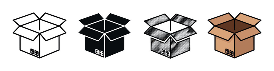 Set of four open cardboard box icons in various graphic styles including outline, silhouette, sketch, and color for shipping, delivery, and logistics concepts