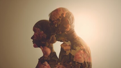 Timeless Love Double Exposure of Elderly Couple with Soft Roses and Warm Light for Valentine Gift