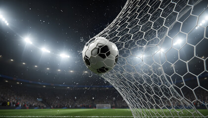 Soccer ball hitting net in stadium at night football