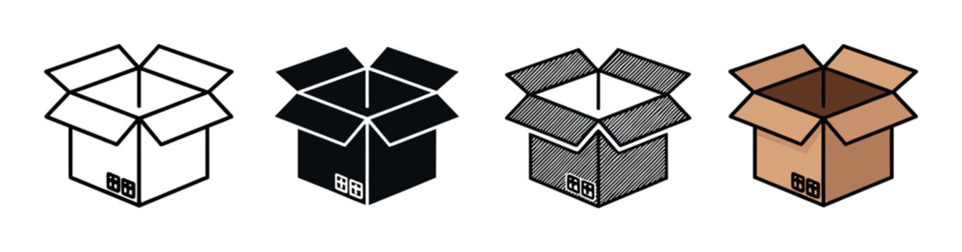 Set of four open cardboard box icons in various graphic styles including outline, silhouette, sketch, and color for shipping, delivery, and logistics concepts