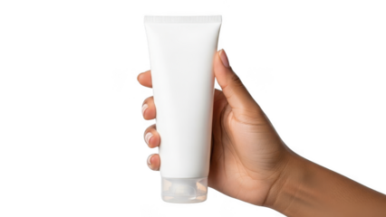 Hand holding cream tube isolated on transparent background