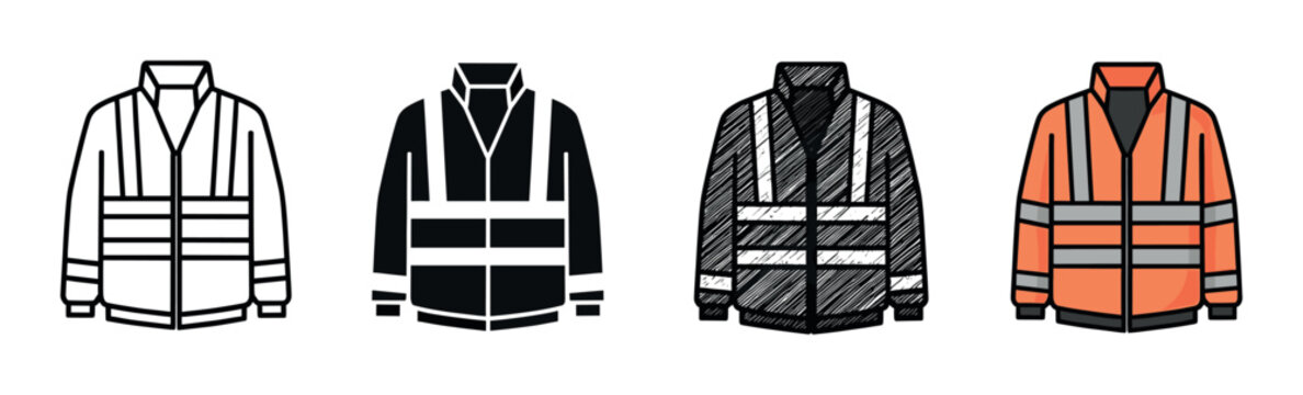 Set of four high-visibility safety jacket icons with reflective stripes shown in different illustration styles including line art, glyph, hand-drawn sketch, and colored cartoon