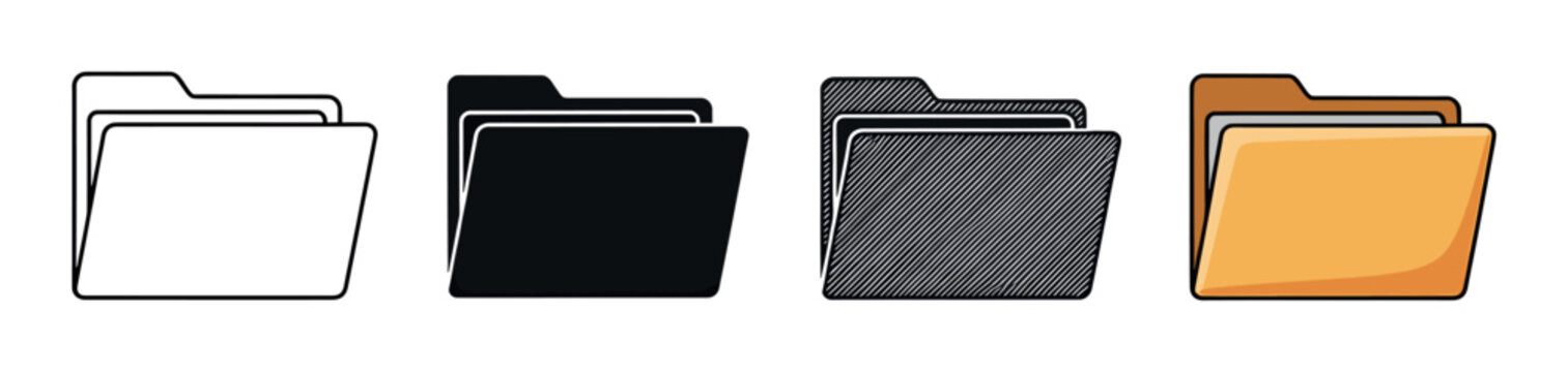 Set of four file folder icons presented in different graphic styles including outline, silhouette, textured, and a flat colored cartoon for web or app design
