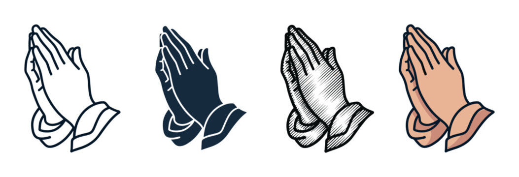 Collection of praying hands vector illustrations in various styles including outline, solid silhouette, vintage engraving, and a simple full color cartoon drawing