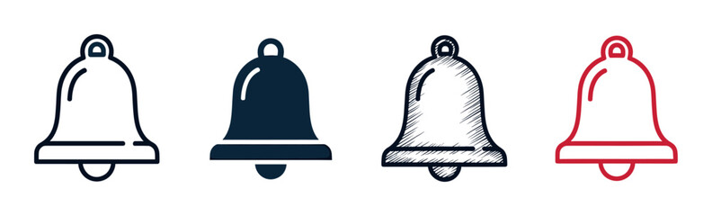 Collection of four bell icons in different graphic styles including outline, solid fill, hand-drawn sketch, and red line art for user interface notifications