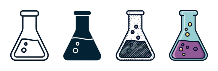 Set of four chemical laboratory flasks shown in various illustration styles including outline, silhouette, sketch, and colorful cartoon for science and research concepts