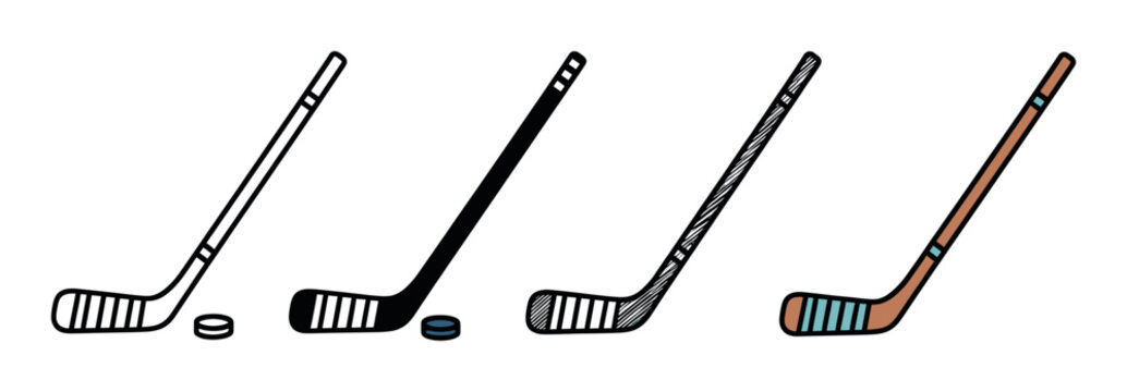 Four ice hockey stick and puck illustrations in different styles, including simple outline, black silhouette, hand-drawn sketch, and a flat color cartoon version for sports design