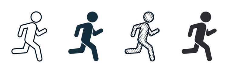 Set of four running person icons in different graphic styles including outline, solid fill, and sketch, representing speed, fitness, and emergency exit concepts