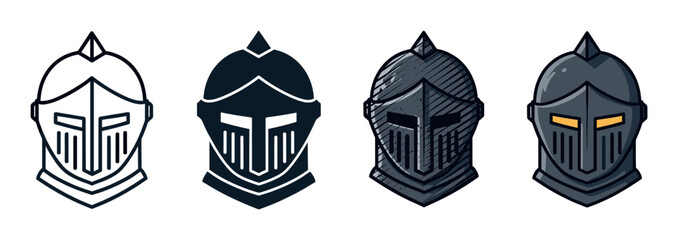 Four medieval knight helmet icons in different graphic styles, including outline, silhouette, hand-drawn sketch, and a flat color cartoon for a historical or fantasy theme