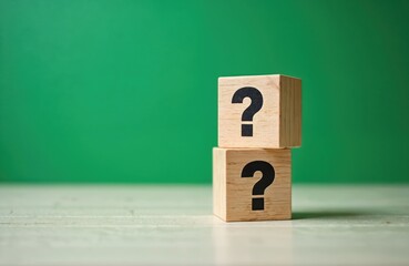 Two wooden cubes with question marks stacked. Simple and clear symbol for inquiry, doubt, or a quiz. Background is a plain green wall. Perfect for educational content or problem-solving topics.
