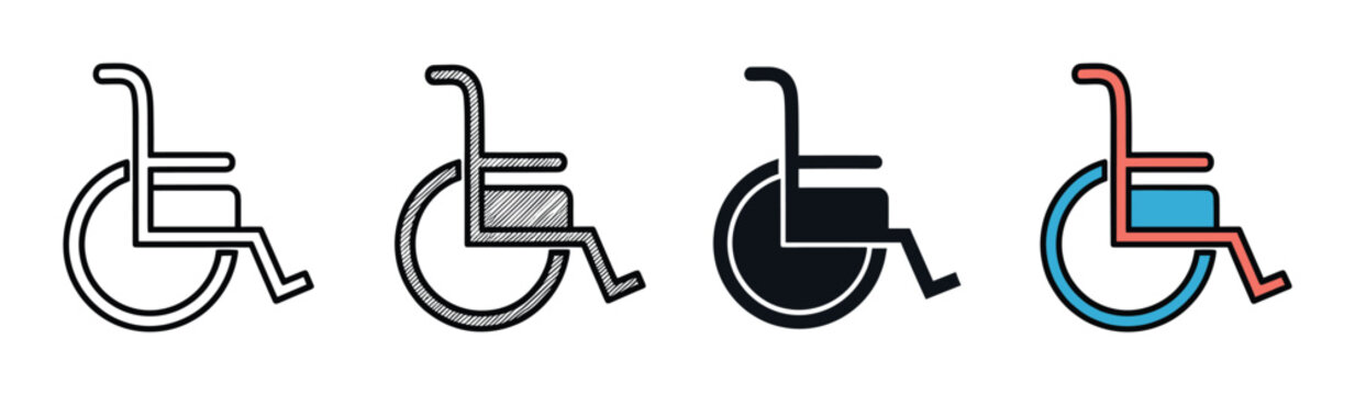 Wheelchair accessibility icon set with four different graphic styles including outline, sketch, silhouette, and color versions for universal design and disability awareness concepts