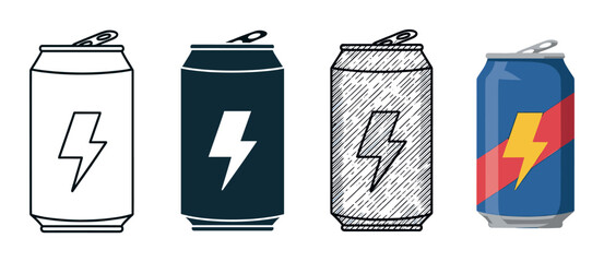 Collection of four energy drink cans with a lightning bolt logo, depicted in various illustration styles including outline, silhouette, hand-drawn sketch, and full color vector art