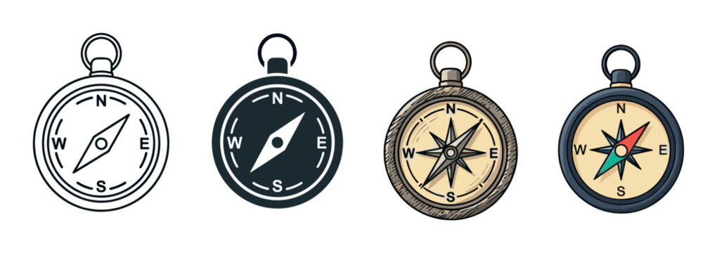 Four different compass vector illustrations in various styles, including line art, silhouette, hand-drawn sketch, and colorful cartoon for navigation and travel concepts