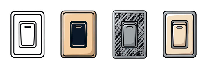 Collection of four rocker light switch icons presented in different artistic styles, from a simple black outline to colored and textured hand-drawn illustrations