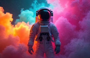 Astronaut in white suit stands amidst colorful neon smoke clouds. Cosmic explorer gazes forward, surrounded by vibrant pink, orange, and blue hues.
