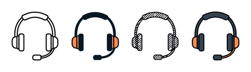 Headset with microphone icon set in various styles including outline, flat color, and hatched fill for customer service and communication concepts, a collection of simple vector graphics