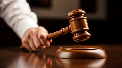 Judge striking gavel on sound block in courtroom setting