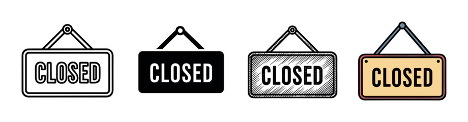 Set of four hanging closed signs in various graphic styles including outline, silhouette, hand-drawn sketch, and color flat design for business or store notification