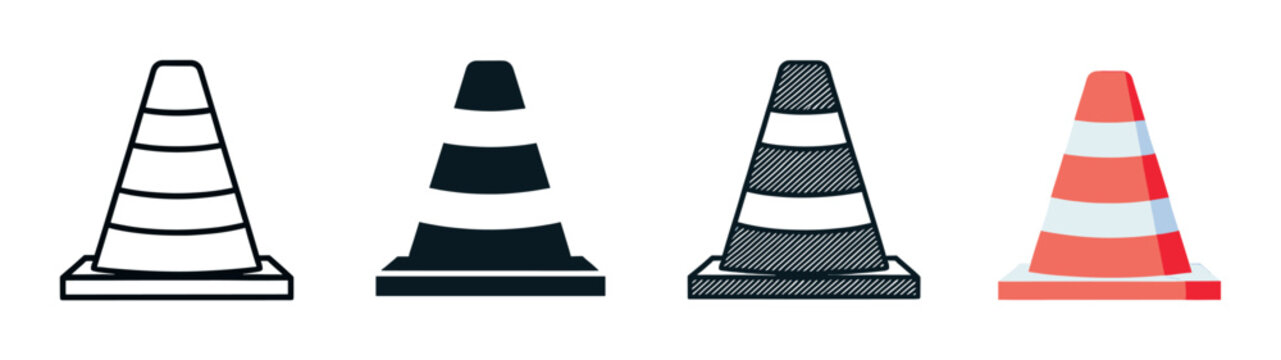Set of four traffic cone icons in different graphic styles including line art, silhouette, hatched, and flat color for road safety and construction concepts