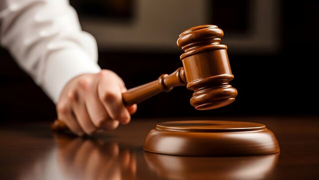 Judge striking gavel on sound block in courtroom setting
