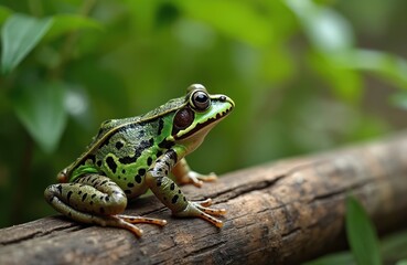 Obraz premium Green leopard frog perches on fallen tree branch. Amphibian with dark spots waits for prey in lush green foliage. Wildlife photo captures natural habitat scene.