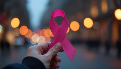 Hand holds pink ribbon for breast cancer awareness, city street at night, blurred bokeh lights background. Symbol of hope health support for patients fighting disease.