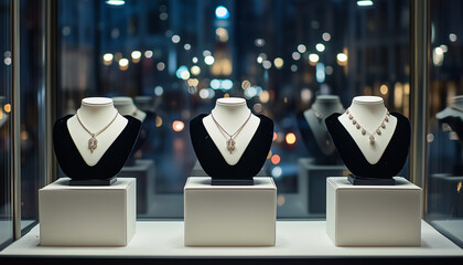 Jewelry pieces displayed in a boutique window with a cityscape backdrop at dusk. A concept of attracting customers through stylish