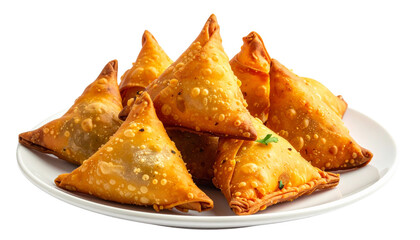 Indian samosa plate isolated on transparent background, high-quality PNG showing crispy golden samosas served on a plate, perfect for food menus, ads, and cuisine designs.