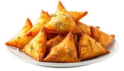 Indian samosa plate isolated on transparent background, high-quality PNG showing crispy golden samosas served on a plate, perfect for food menus, ads, and cuisine designs.