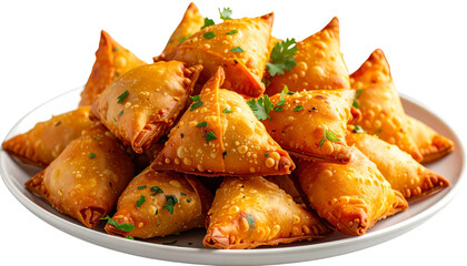 Indian samosa plate isolated on transparent background, high-quality PNG showing crispy golden samosas served on a plate, perfect for food menus, ads, and cuisine designs.