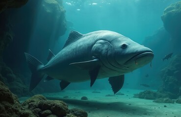 Fototapeta premium Giant Mekong catfish swims in deep blue ocean water near rocky seabed. Small fish swim near large catfish underwater. Aquatic life in vast ocean depths.