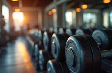 Rows of dumbbells in a gym with natural light streaming in. Equipment is organized for weight training and bodybuilding. Fitness club interior.