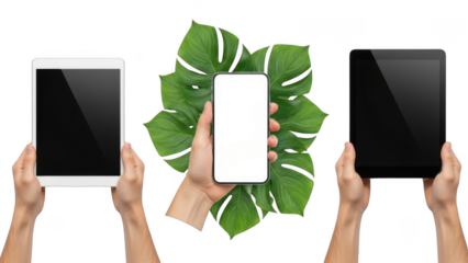 Hand holding devices and leaf, isolated on transparent background