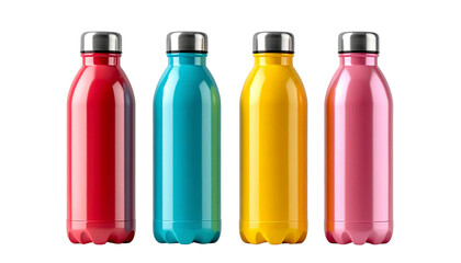 Colorful water bottles isolated on transparent background, reusable plastic drink containers in bright colors for hydration, fitness, sports, travel and daily use