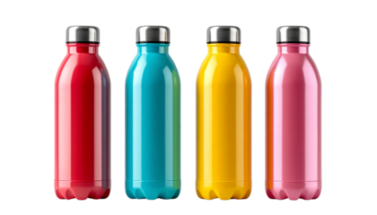 Colorful water bottles isolated on transparent background, reusable plastic drink containers in bright colors for hydration, fitness, sports, travel and daily use