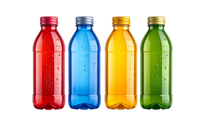 Colorful water bottles isolated on transparent background, reusable plastic drink containers in bright colors for hydration, fitness, sports, travel and daily use