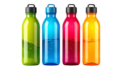 Colorful water bottles isolated on transparent background, reusable plastic drink containers in bright colors for hydration, fitness, sports, travel and daily use