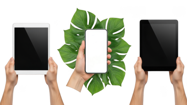 Hand holding devices and leaf, isolated on transparent background - Powered by Adobe