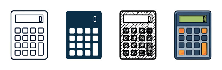 Set of four calculator icons in different artistic styles including outline, silhouette, hand-drawn sketch, and colorful cartoon for business and educational concepts