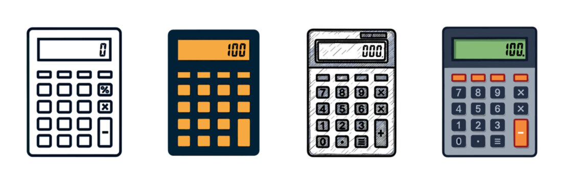 Set of four electronic calculator illustrations in different artistic styles, including simple line art, flat design, hand-drawn sketch, and a colorful cartoon vector icon