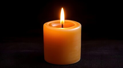 A lit orange candle with a warm glow against a dark textured background