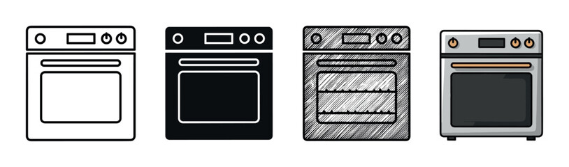 Obraz premium Set of four kitchen oven illustrations in different graphic styles, including a simple line art icon, a black silhouette glyph, a hand-drawn sketch, and a colored cartoon