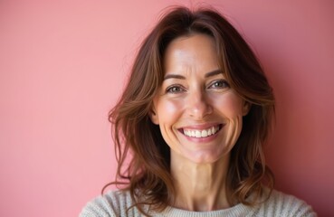 Fototapeta premium Smiling middle aged woman with brown hair, green eyes looking at camera. Wears cozy sweater against pastel pink backdrop. Confident, happy expression with perfect teeth visible. Represents warmth,