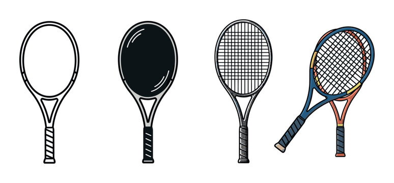 Four different tennis racket illustrations showing a progression from simple outline and silhouette to detailed black and white line art and a final full-color version